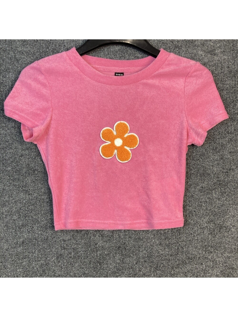 Shein Womens Size Small Hot Pink Terry Cloth Orange Flower Retro S/S Top EUC